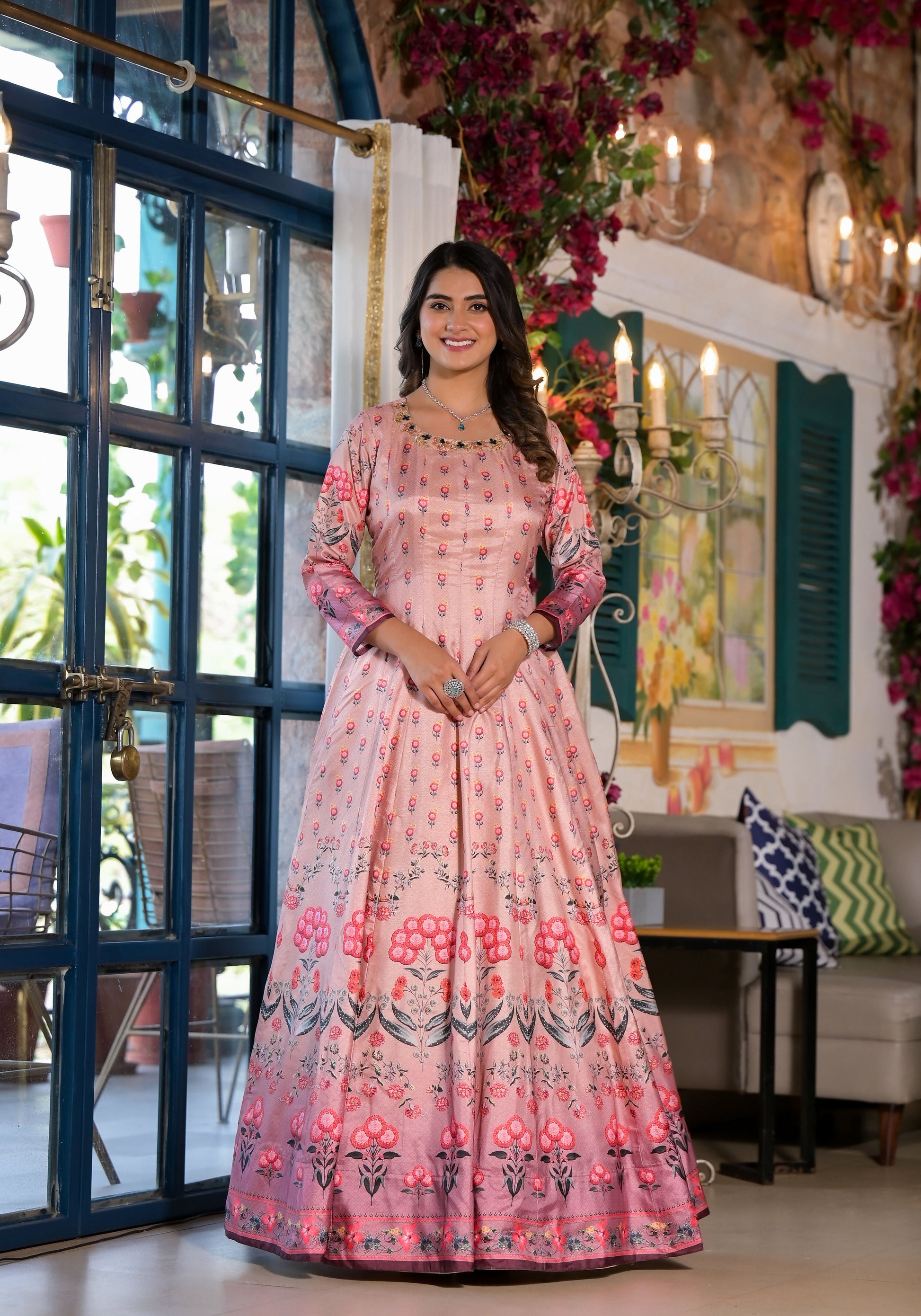 Partywear Designe rPeach Dola Silk Anarkali suit with Dupatta - Samyukta - Swadesiicart
