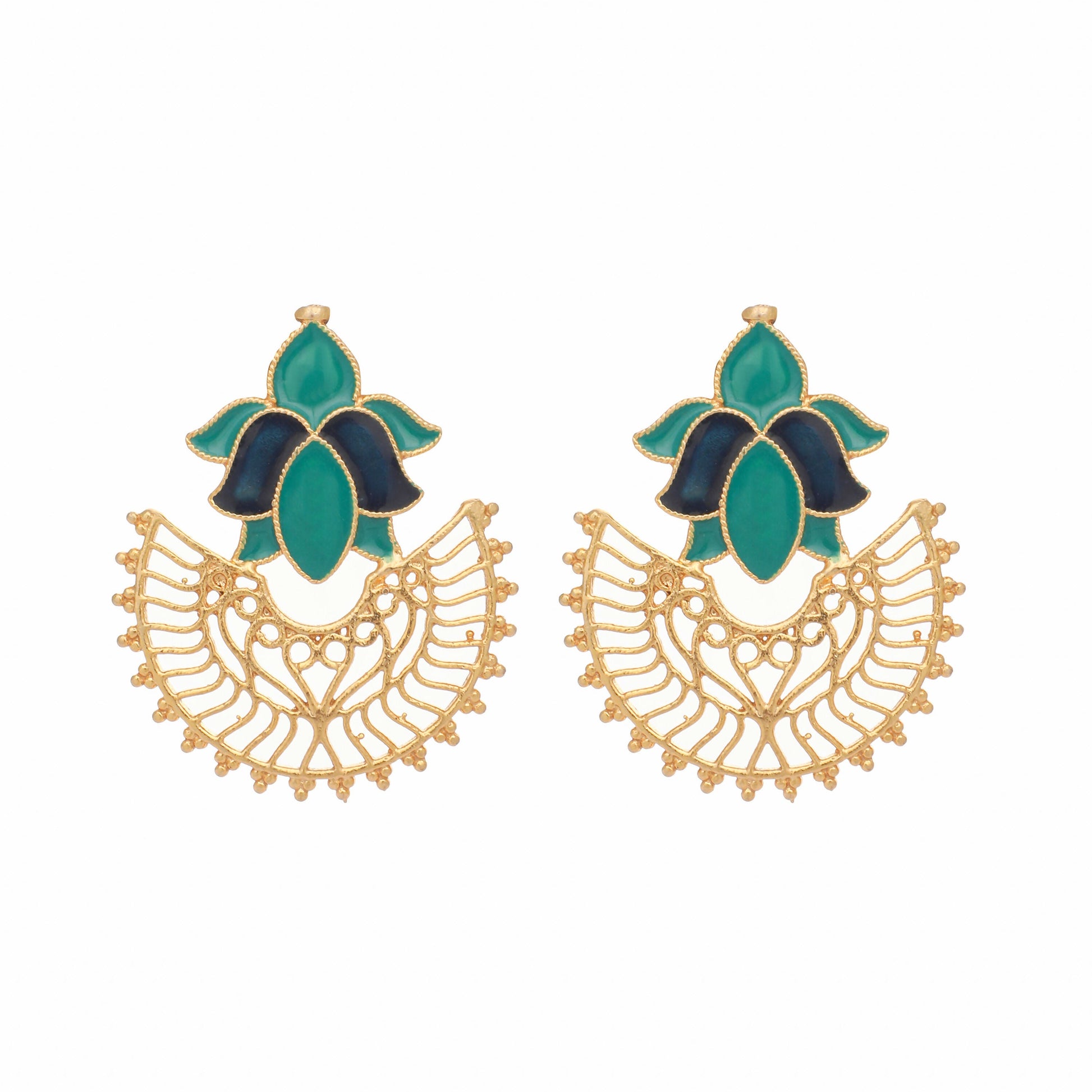 Nuyug 22K Gold Plated Turquoise Enamel Studded Indo-Western Floral Jali Statement Stud Earrings | Swadesiicart