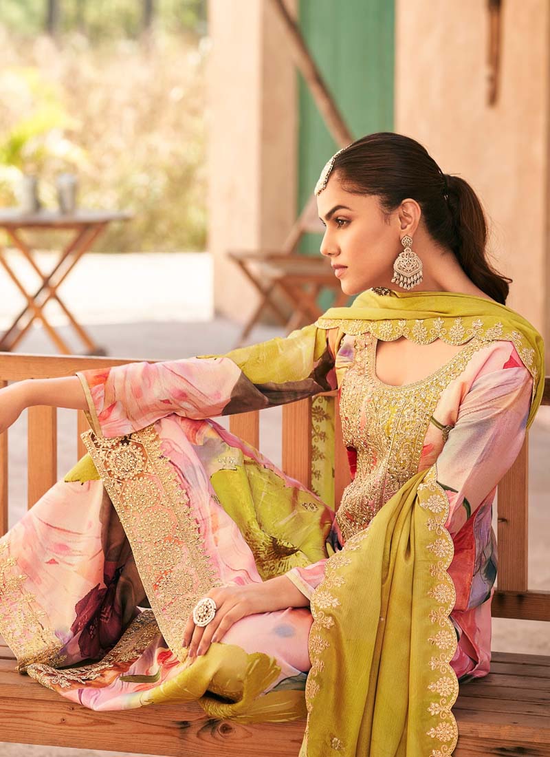 Vegaa Fashion Baby Pink Premium Chinon Embroidered Palazzo Suit - Swadesiicart
