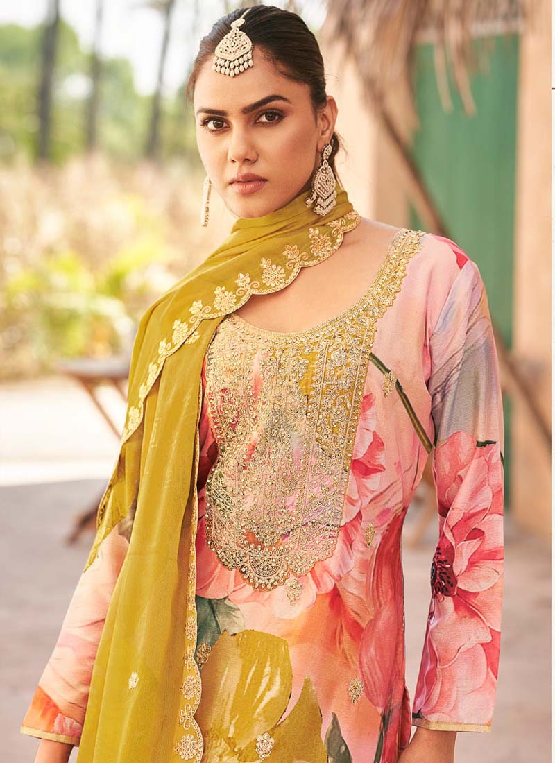 Vegaa Fashion Baby Pink Premium Chinon Embroidered Palazzo Suit - Swadesiicart