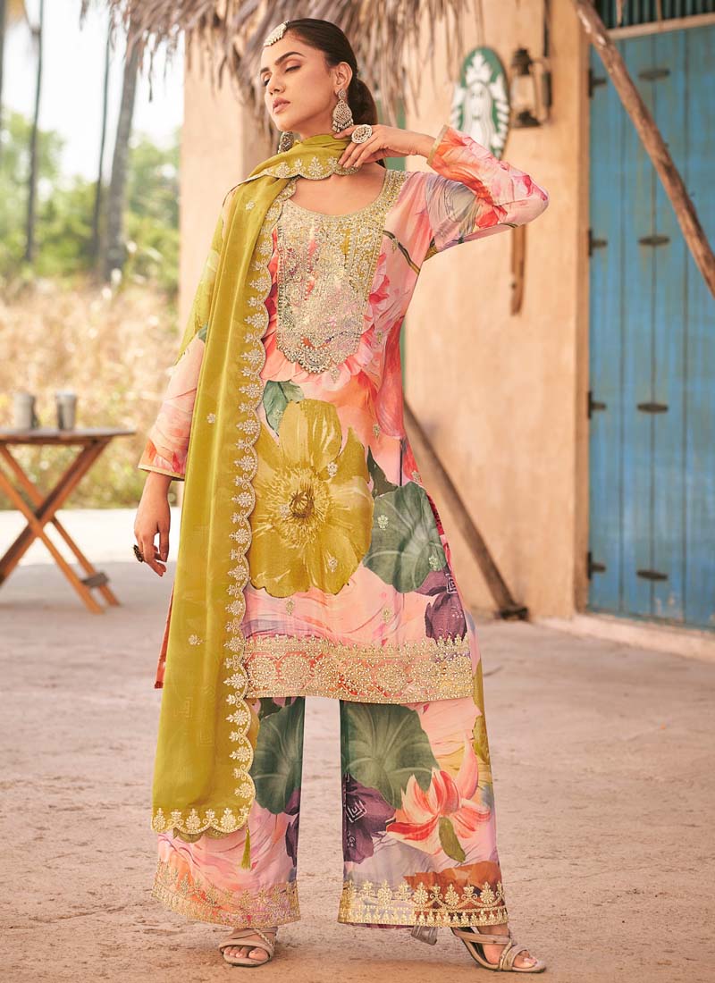 Vegaa Fashion Baby Pink Premium Chinon Embroidered Palazzo Suit - Swadesiicart