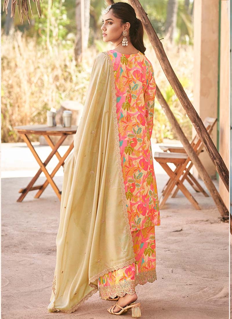 Vegaa Fashion Cream Premium Chinon Embroidered Palazzo Suit - Swadesiicart