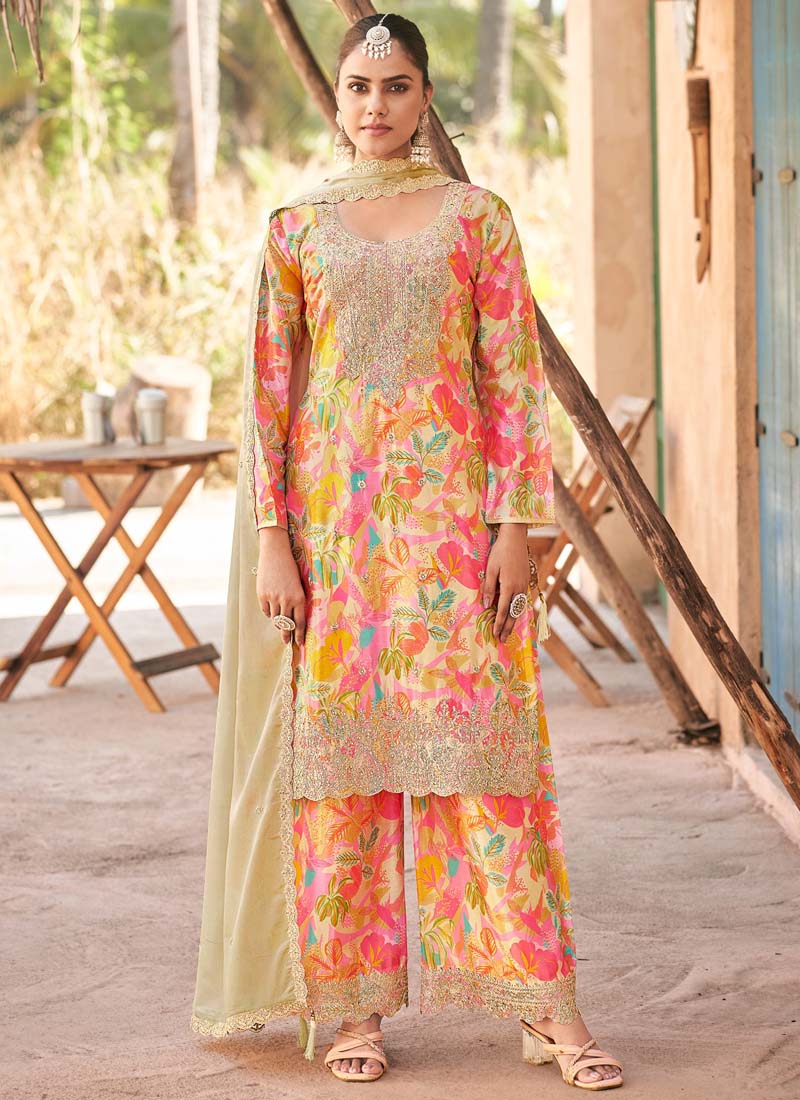 Vegaa Fashion Cream Premium Chinon Embroidered Palazzo Suit - Swadesiicart