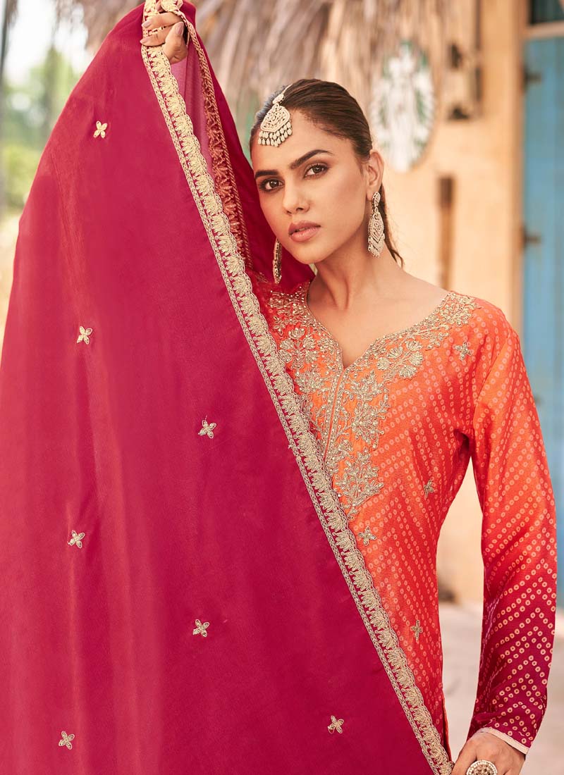 Vegaa Fashion Red Premium Chinon Embroidered Palazzo Suit - Swadesiicart