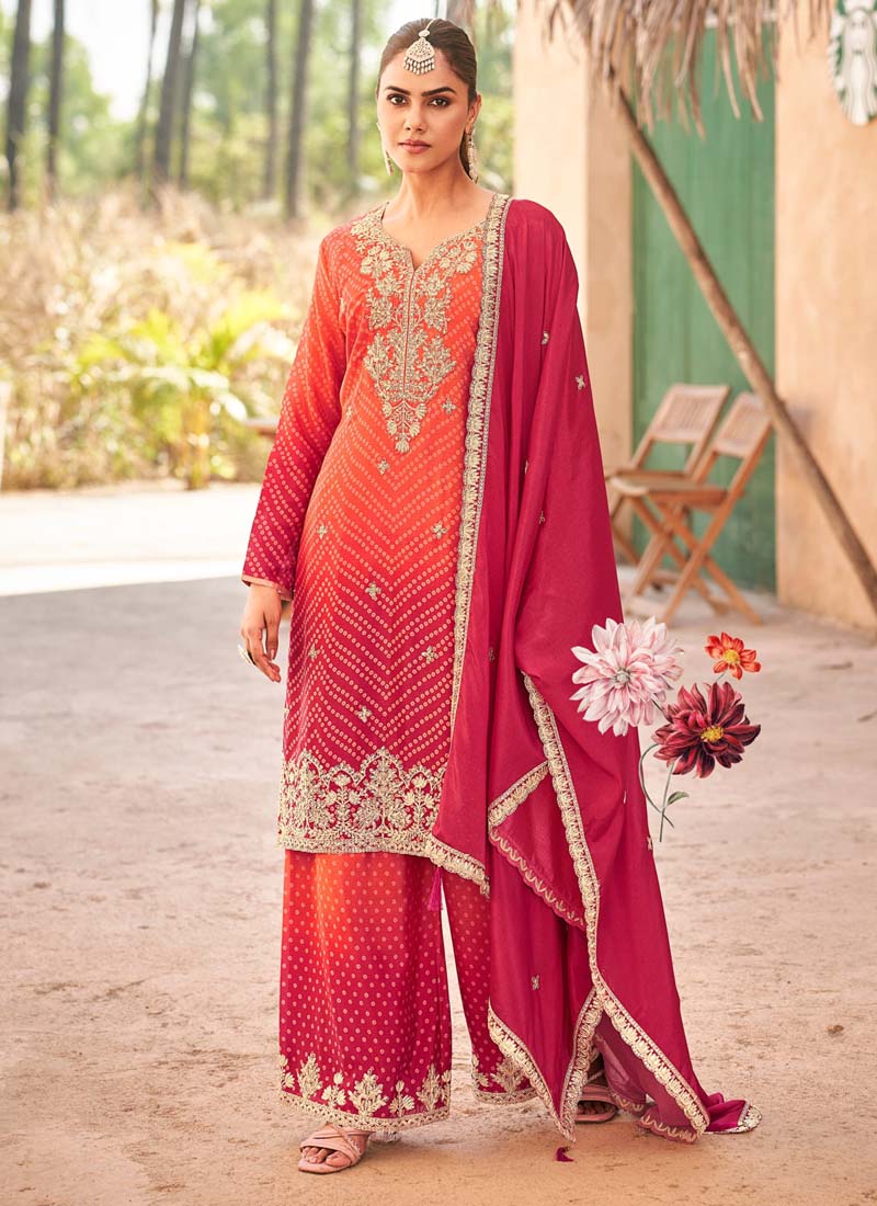 Vegaa Fashion Red Premium Chinon Embroidered Palazzo Suit - Swadesiicart