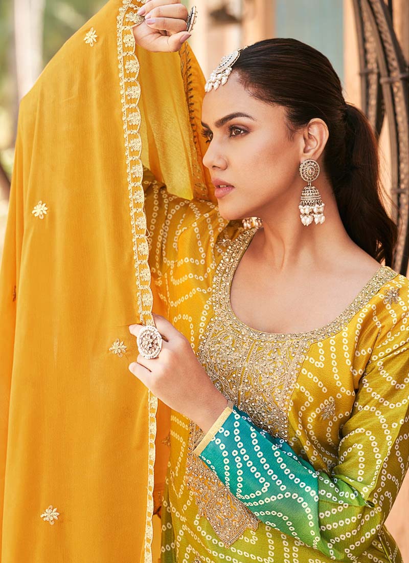 Vegaa Fashion Yellow Premium Chinon Embroidered Palazzo Suit - Swadesiicart