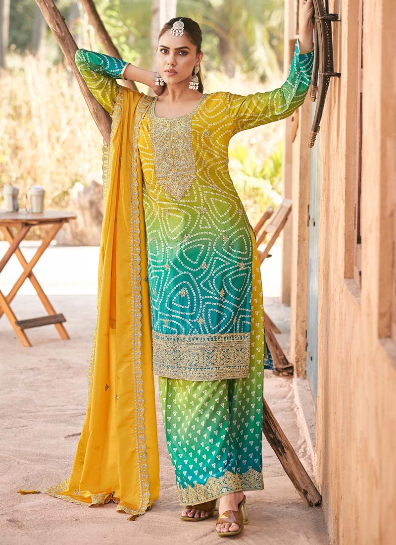 Vegaa Fashion Yellow Premium Chinon Embroidered Palazzo Suit - Swadesiicart
