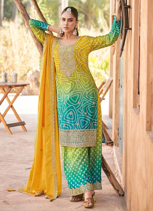 Vegaa Fashion Yellow Premium Chinon Embroidered Palazzo Suit - Swadesiicart