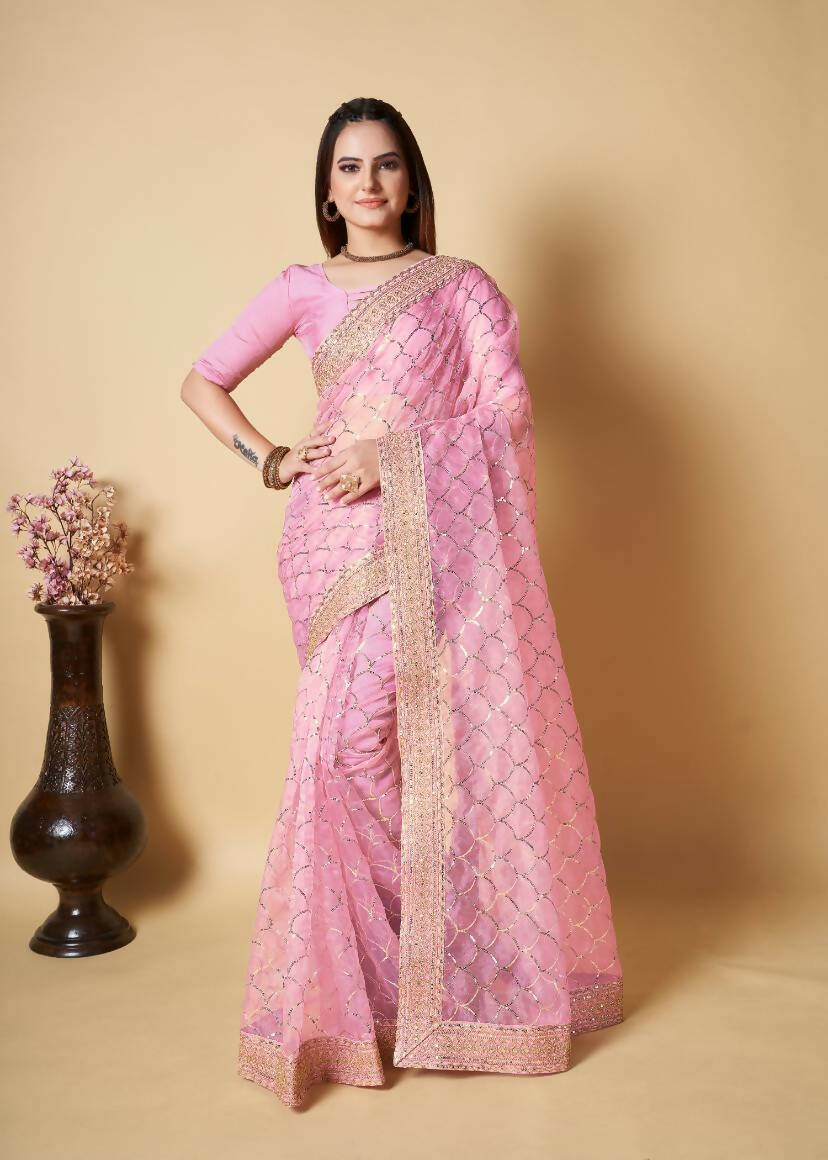 Vamsee Pink Organza Saree - Swadesiicart