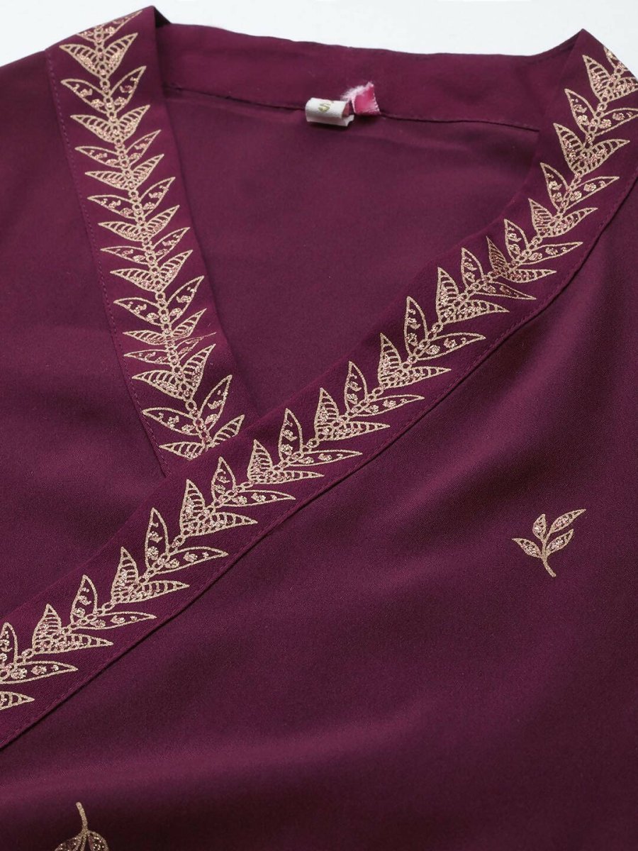 Ahalyaa Women Rose Pink Crepe Kurta Palazzos Set With Burgundy Jacket | Swadesiicart