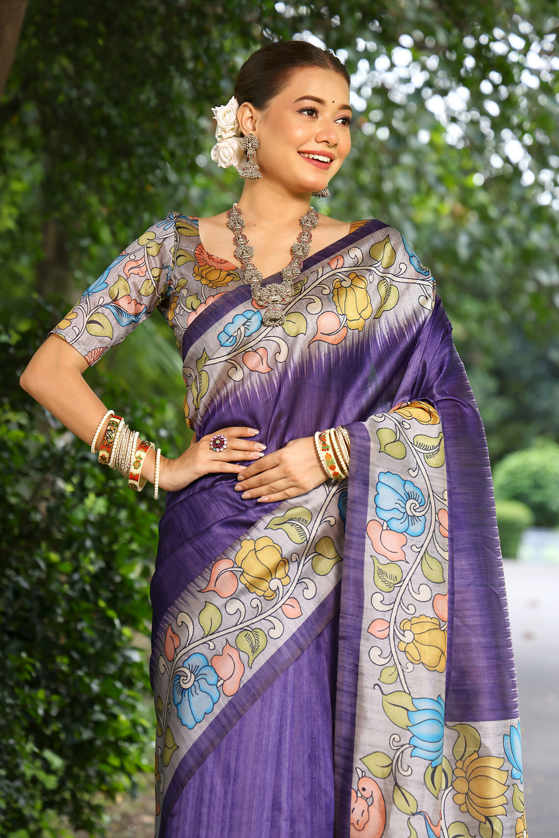 Vishnu Weaves Women's Purple Cotton Silk Woven Saree with Blouse - Swadesiicart