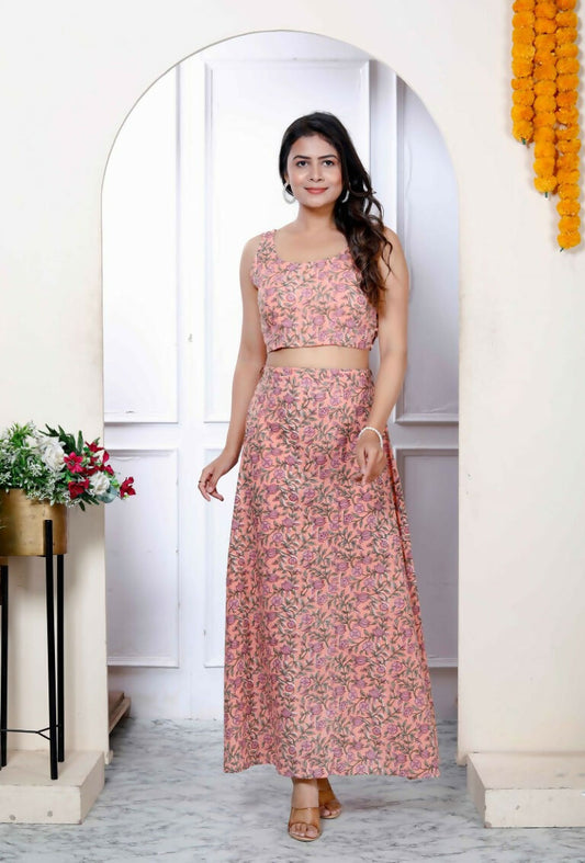 Miravan Women's Orange Floral Printed Crop Top And Skirt Co-Ord Set - Swadesiicart