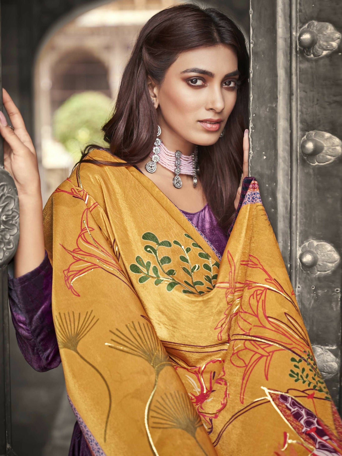 Jyoti Fashion Women's Purple Velvet Floral Digital Printed Kurta with Trouser & Dupatta | Swadesiicart