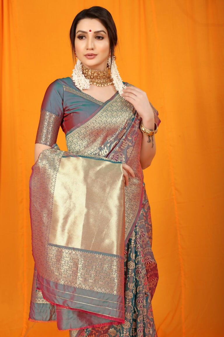Jyoti Fashion Women's Grey Kanjivaram Silk Zari Woven Saree with Blouse | Swadesiicart