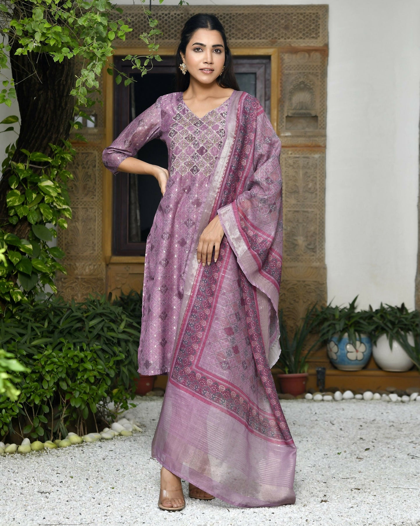 Vaasva Women's Chanderi Printed Suit Set With Pant And Printed Dupatta | Swadesiicart