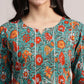 Aavyora Women's Teal Green Cotton A-Line Tunic with Red Floral Print and All-Over Pintuck Details