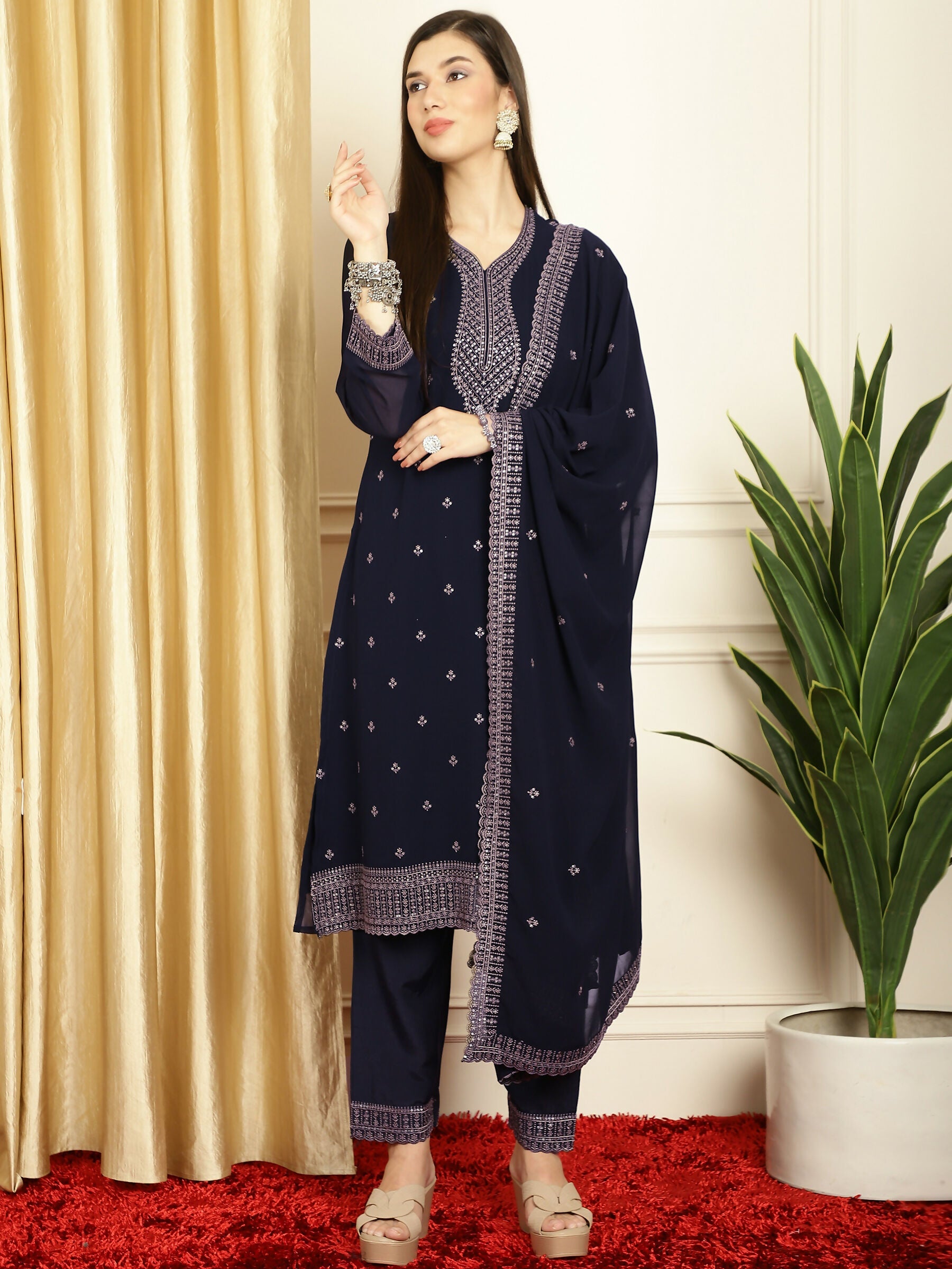 Jyoti Fashion Women's Navy Blue Georgette Resham Thread & Sequin Kurta with Trouser & Dupatta | Swadesiicart