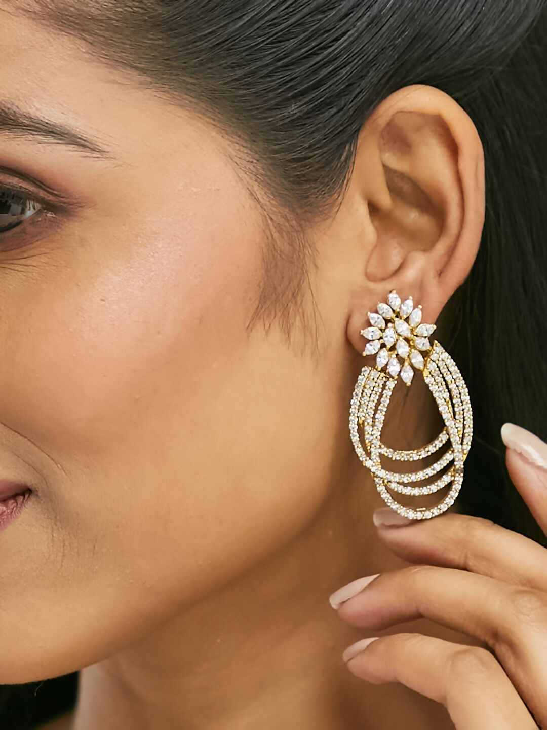 Nuyug 22K Gold-Plated Floral Motif Zircon Stone Studded Teardrop Shaped Elegant Drop Dangler Earrings | Swadesiicart