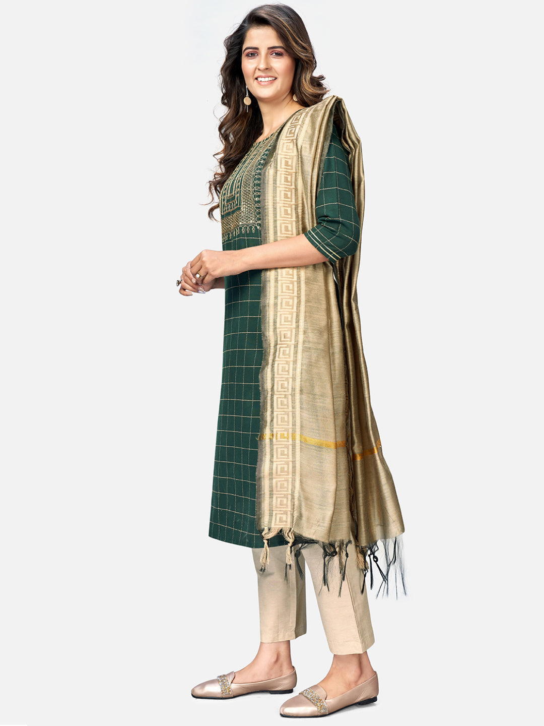 NOZ2TOZ Women Green Cotton Kurta With Pant & Dupatta (3Pcs Set) - Swadesiicart