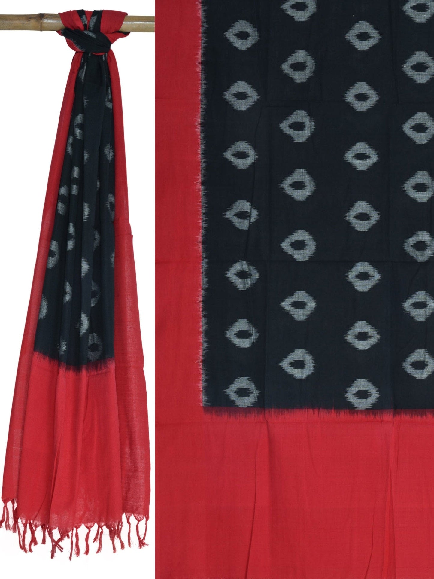 Red and Black Pochampally Ikat Cotton Handloom Dupatta with Buta Design - Global Threads | Swadesiicart