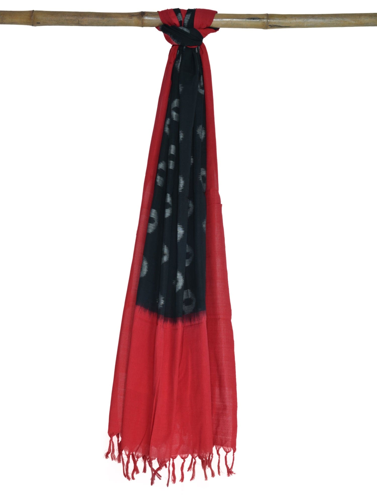 Red and Black Pochampally Ikat Cotton Handloom Dupatta with Buta Design - Global Threads | Swadesiicart