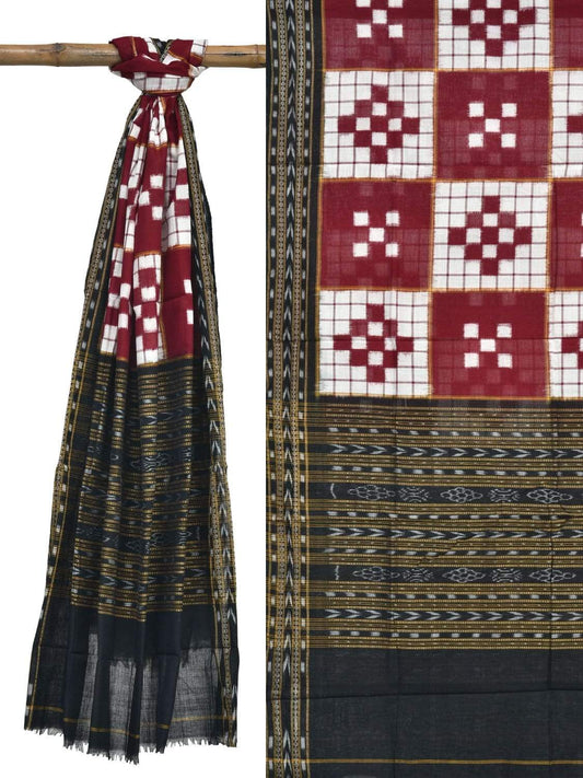 Red and Black Pochampally Ikat Cotton Handloom Dupatta with Checks Design - Global Threads | Swadesiicart