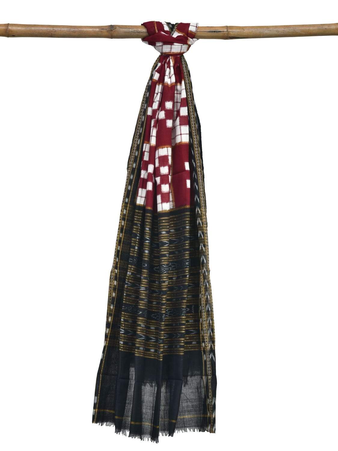 Red and Black Pochampally Ikat Cotton Handloom Dupatta with Checks Design - Global Threads | Swadesiicart