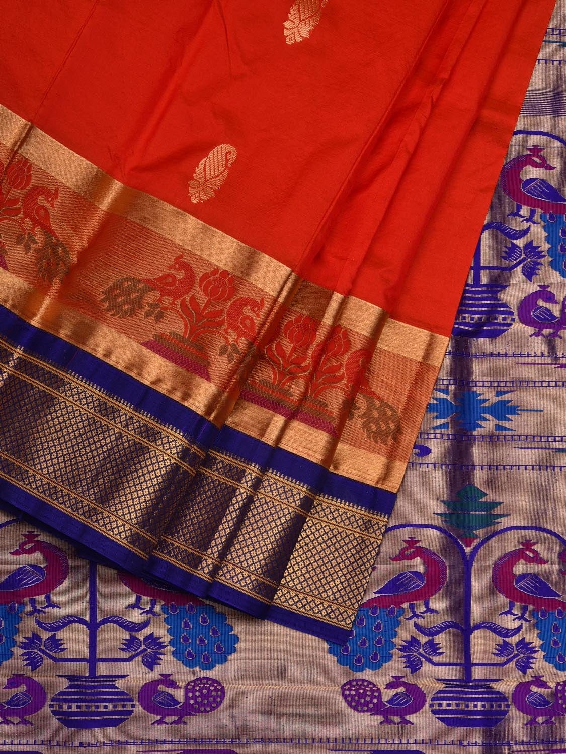 Red and Blue Paithani Silk Handloom Saree with Border and Body Buta Design - Global Threads | Swadesiicart