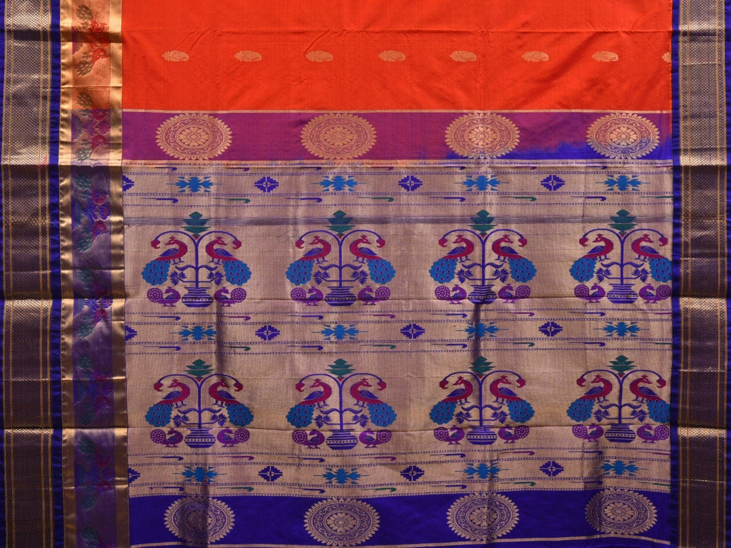 Red and Blue Paithani Silk Handloom Saree with Border and Body Buta Design - Global Threads | Swadesiicart
