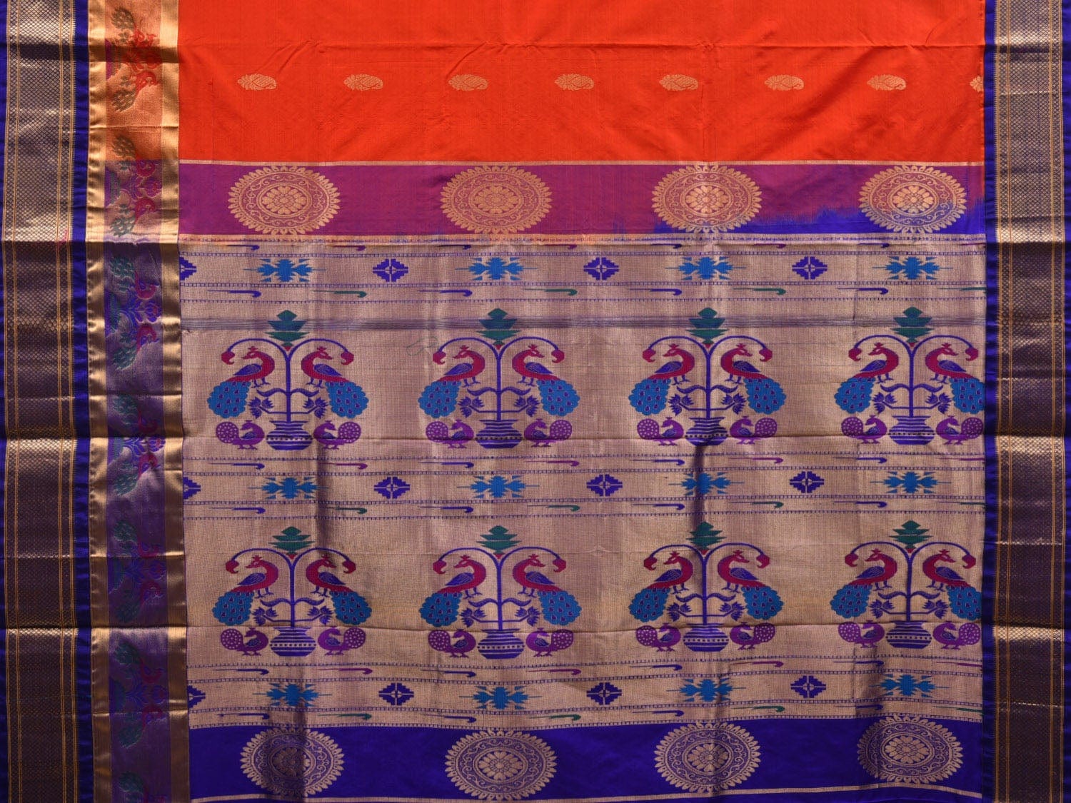 Red and Blue Paithani Silk Handloom Saree with Border and Body Buta Design - Global Threads | Swadesiicart