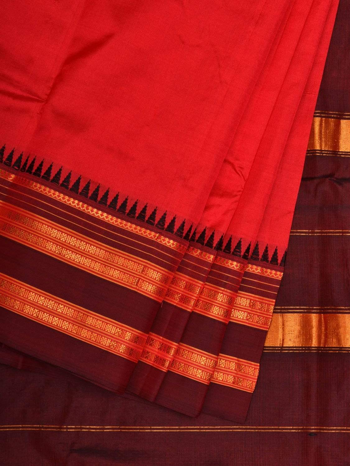 Red and Brown Narayanpet Silk Plain Saree with Traditional Border Design No Blouse - Global Threads | Swadesiicart