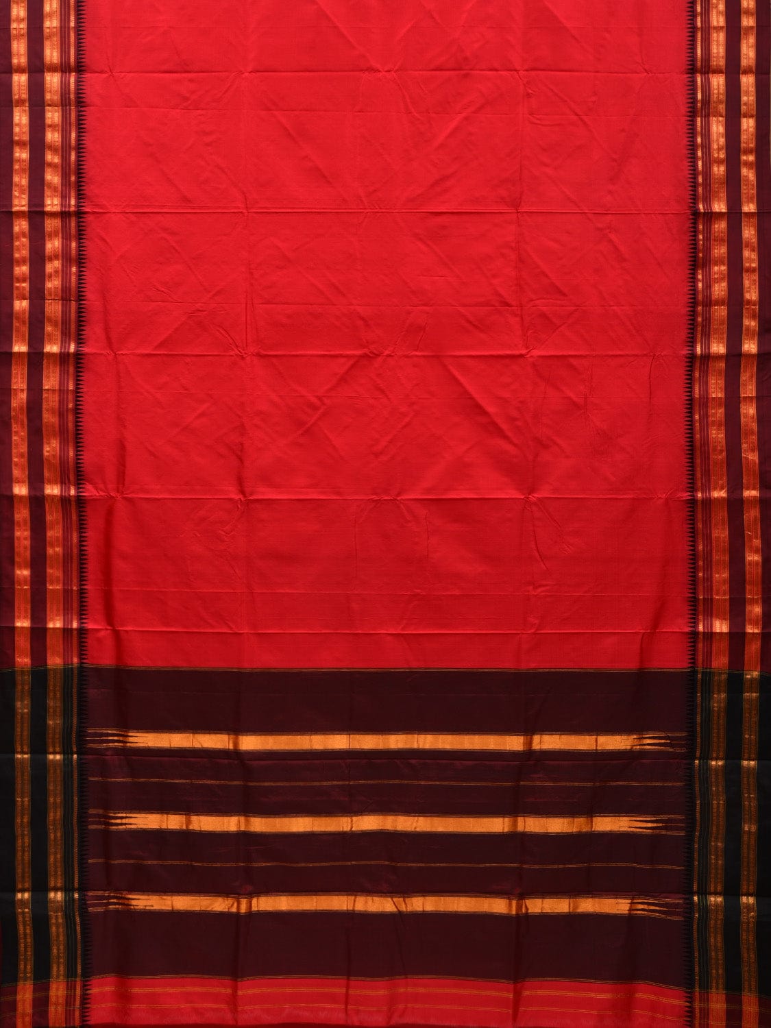 Red and Brown Narayanpet Silk Plain Saree with Traditional Border Design No Blouse - Global Threads | Swadesiicart