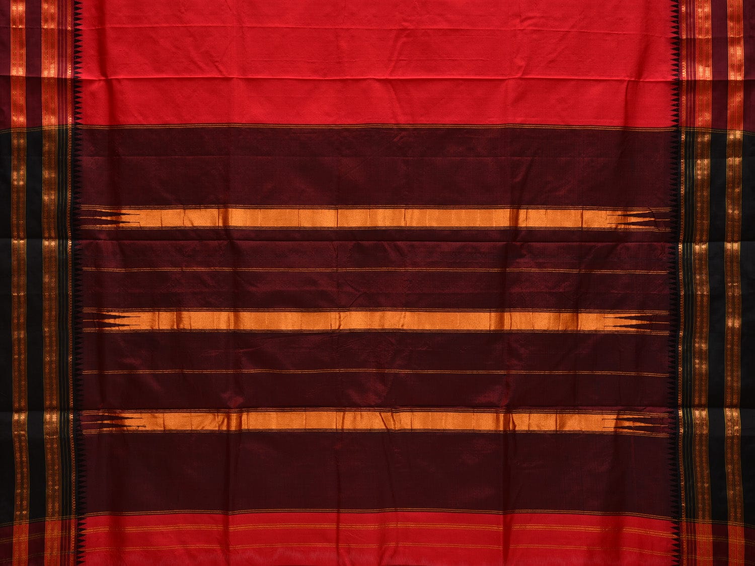 Red and Brown Narayanpet Silk Plain Saree with Traditional Border Design No Blouse - Global Threads | Swadesiicart