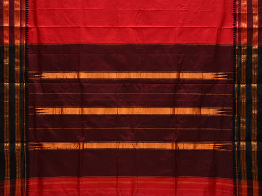 Red and Brown Narayanpet Silk Plain Saree with Traditional Border Design No Blouse - Global Threads | Swadesiicart