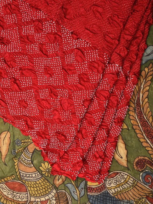 Red and Green Badhani Silk Handloom Saree with Geometrical Body and Kalamkari Pallu and Blouse Design - Global Threads | Swadesiicart
