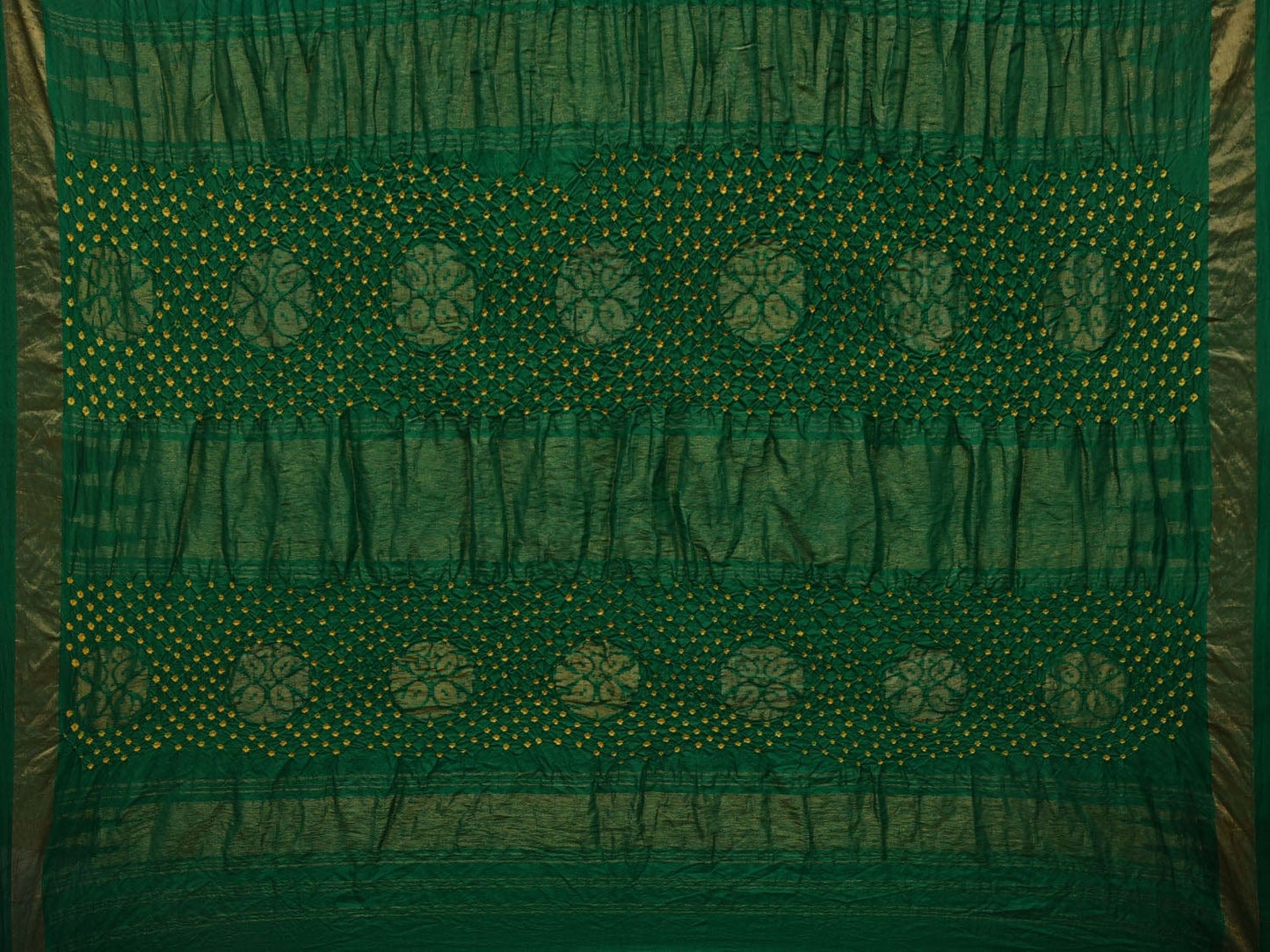 Red and Green Bandhani Uppada Silk Handloom Saree with Nilambari Buta Design - Global Threads | Swadesiicart