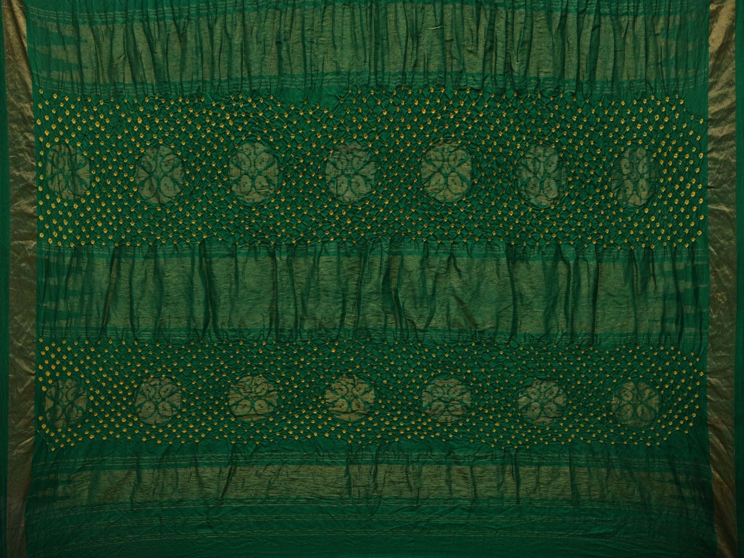 Red and Green Bandhani Uppada Silk Handloom Saree with Nilambari Buta Design - Global Threads | Swadesiicart