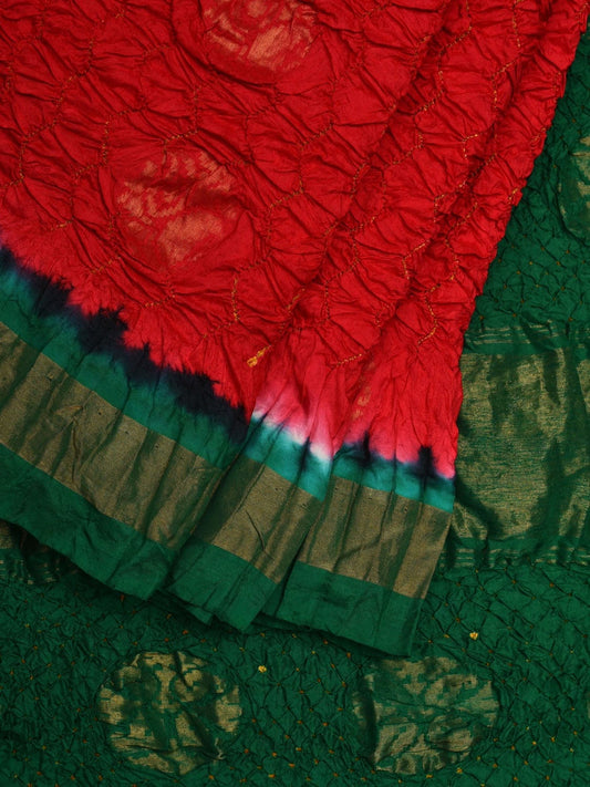 Red and Green Bandhani Uppada Silk Handloom Saree with Nilambari Buta Design - Global Threads | Swadesiicart