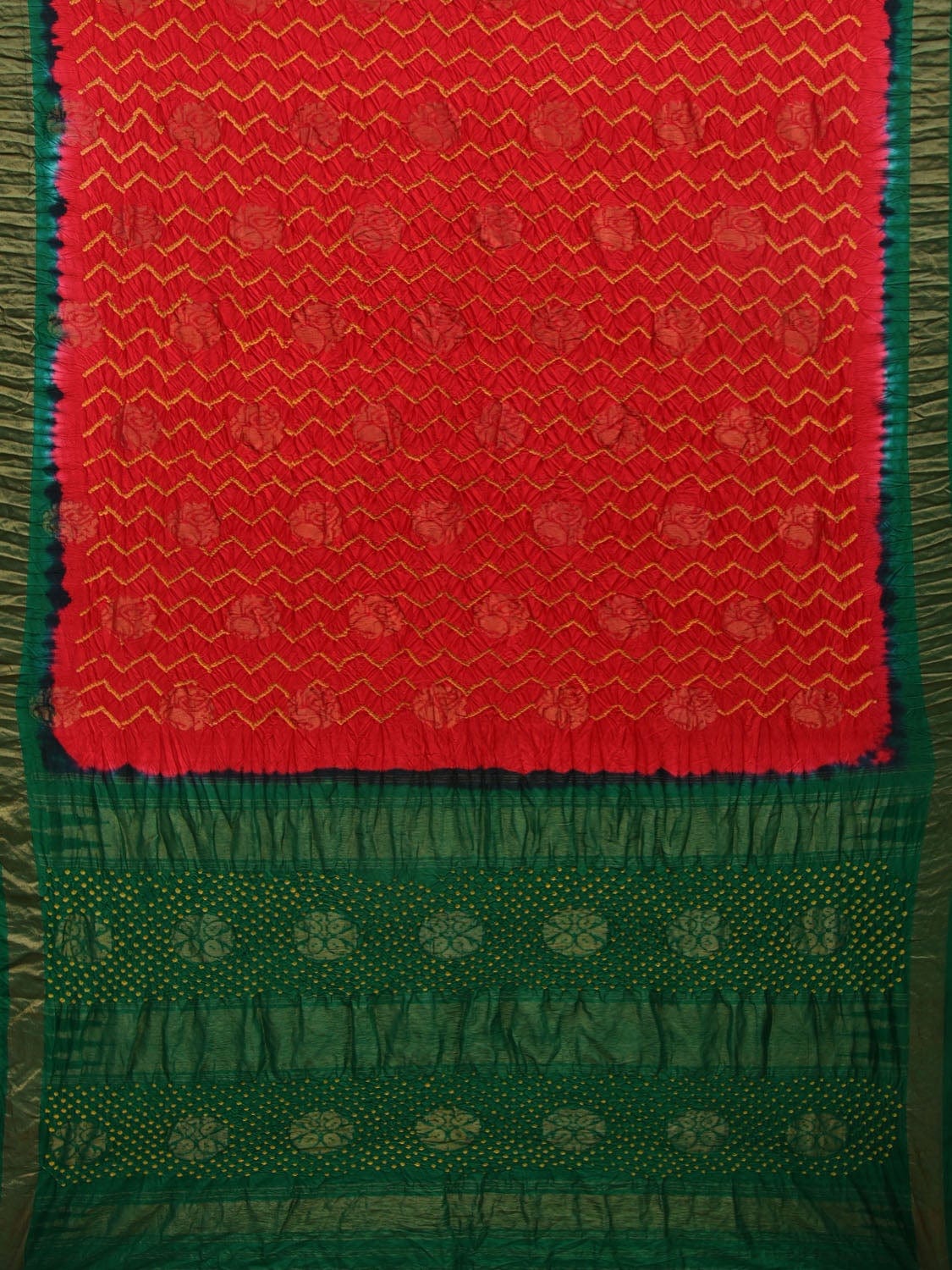 Red and Green Bandhani Uppada Silk Handloom Saree with Nilambari Buta Design - Global Threads | Swadesiicart