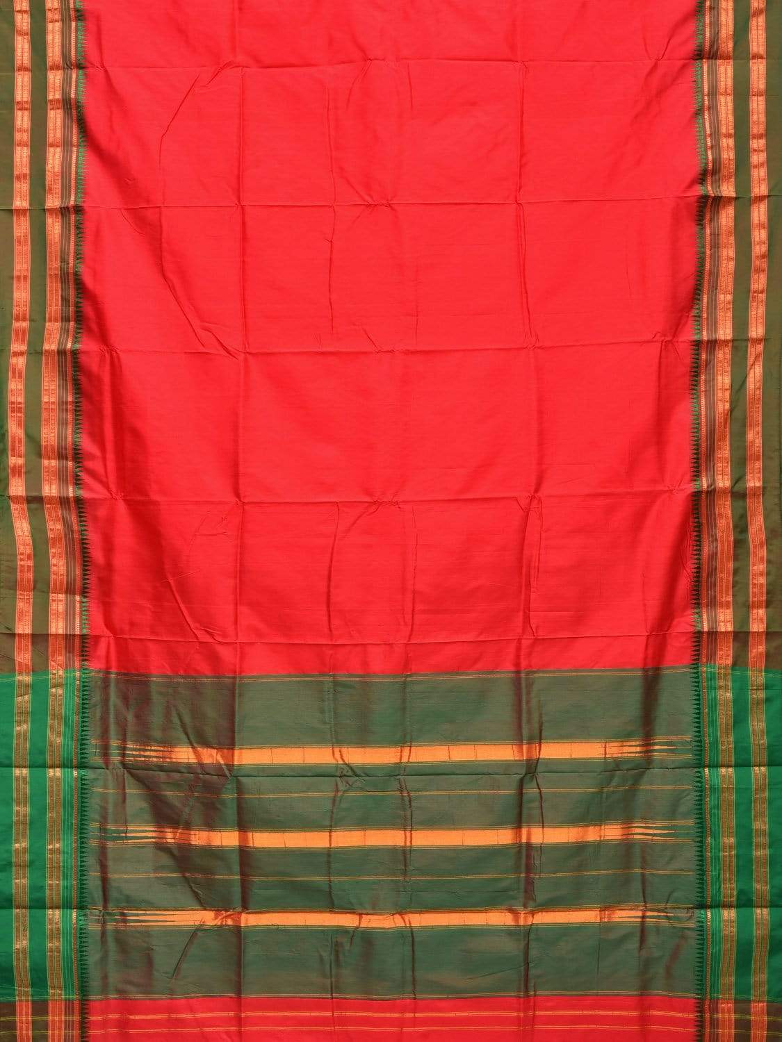 Red and Green Narayanpet Silk Handloom Plain Saree with Traditional Border Design No Blouse - Global Threads | Swadesiicart