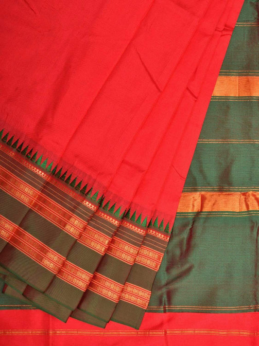 Red and Green Narayanpet Silk Handloom Plain Saree with Traditional Border Design No Blouse - Global Threads | Swadesiicart