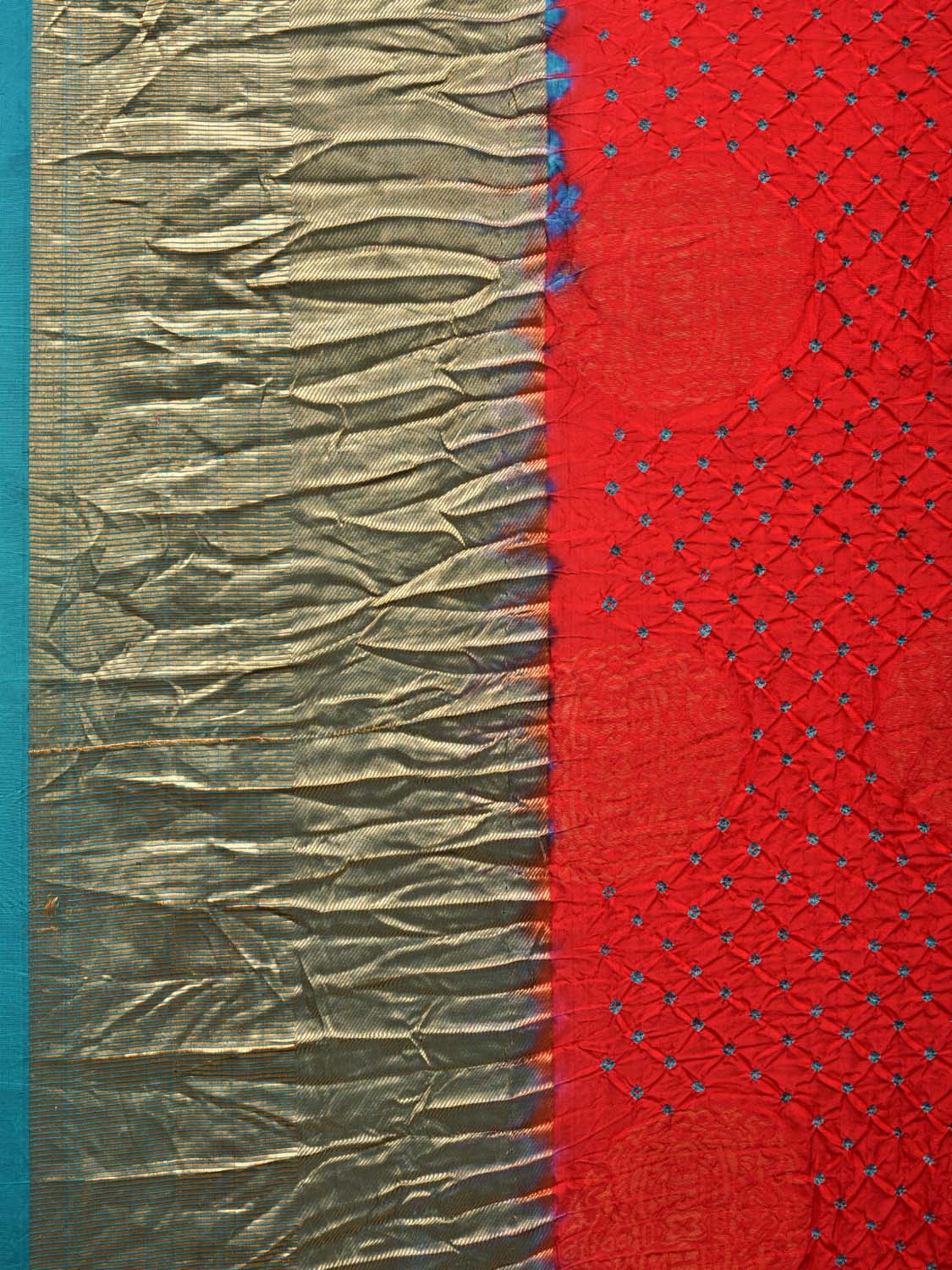 Red and Teal Bandhani Kanchipuram Silk Handloom Saree with Big Buta Design - Global Threads | Swadesiicart