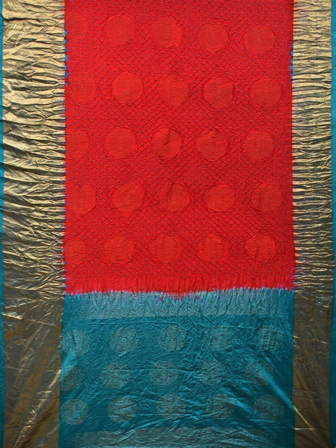 Red and Teal Bandhani Kanchipuram Silk Handloom Saree with Big Buta Design - Global Threads | Swadesiicart