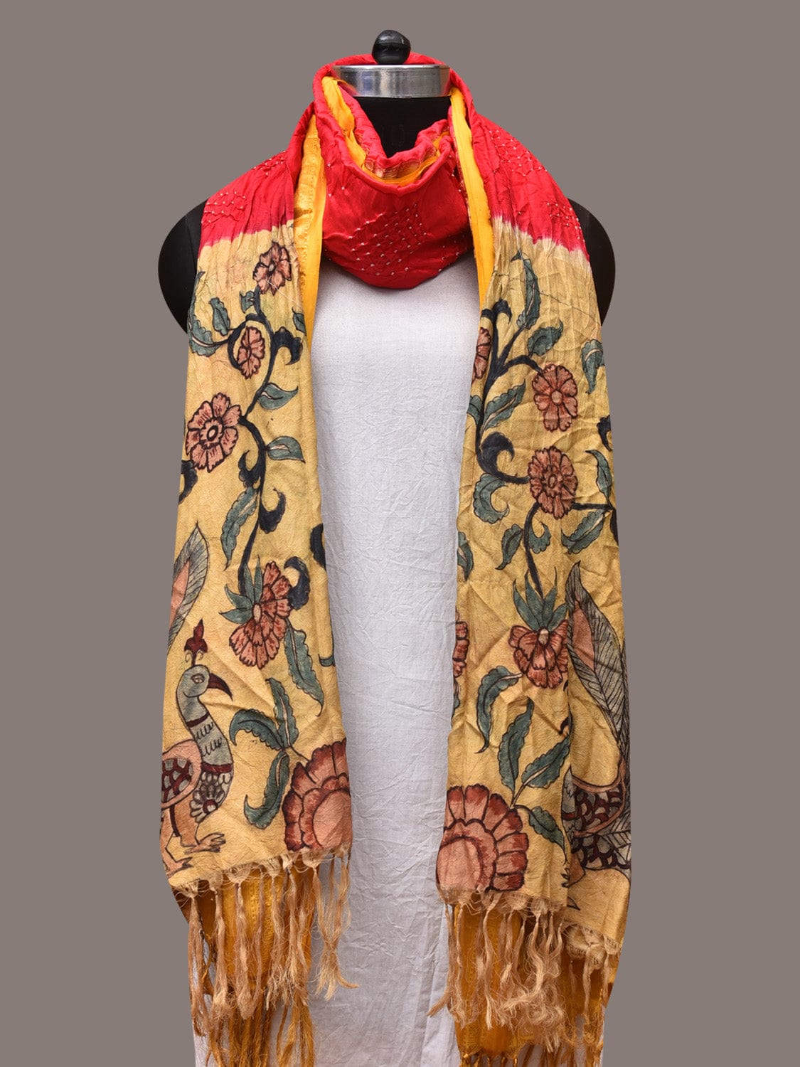 Red and Yellow Bandhani Kanchipuram Silk Handloom Dupatta with Kalamkari Design - Global Threads | Swadesiicart