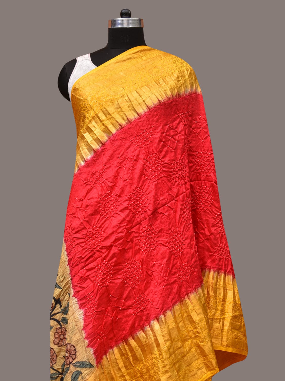 Red and Yellow Bandhani Kanchipuram Silk Handloom Dupatta with Kalamkari Design - Global Threads | Swadesiicart