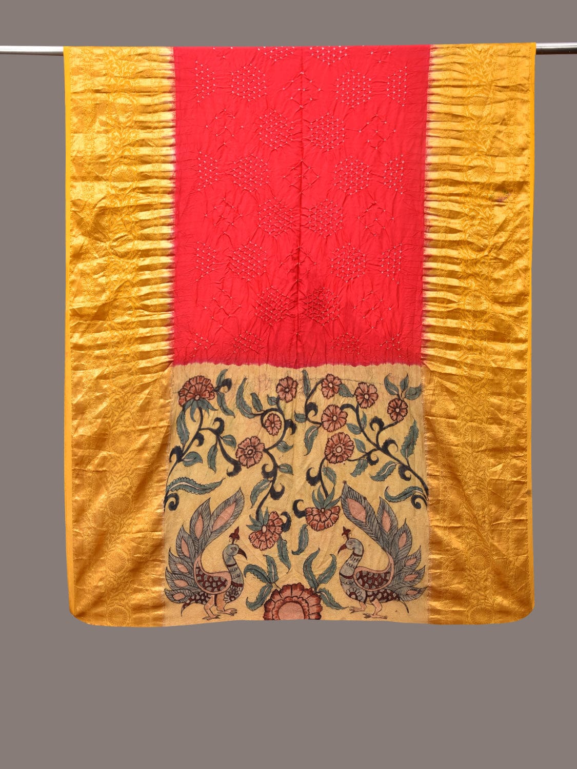 Red and Yellow Bandhani Kanchipuram Silk Handloom Dupatta with Kalamkari Design - Global Threads | Swadesiicart
