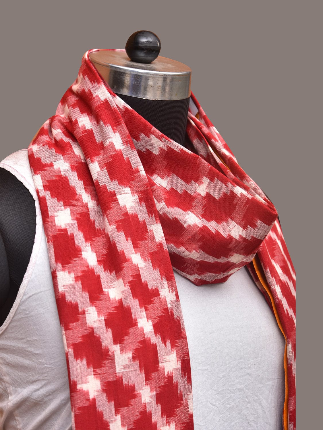 Red and Yellow Pochamaplly Ikat Cotton Handloom Dupatta with Grill Design - Global Threads | Swadesiicart