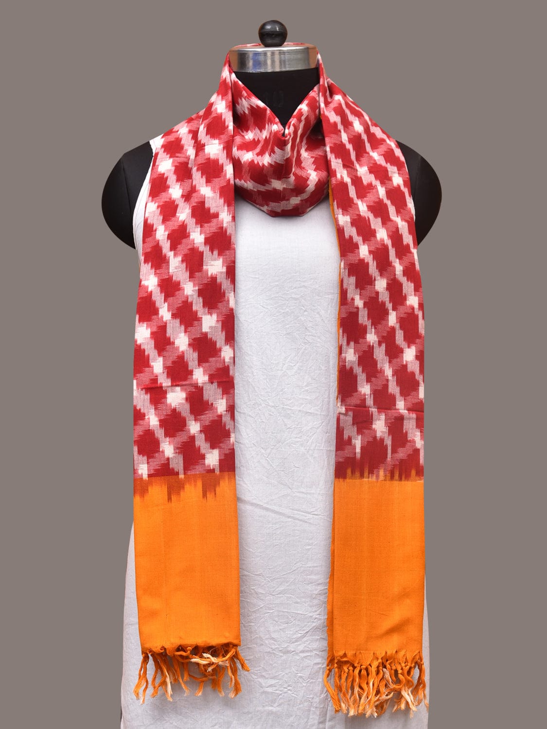 Red and Yellow Pochamaplly Ikat Cotton Handloom Dupatta with Grill Design - Global Threads | Swadesiicart