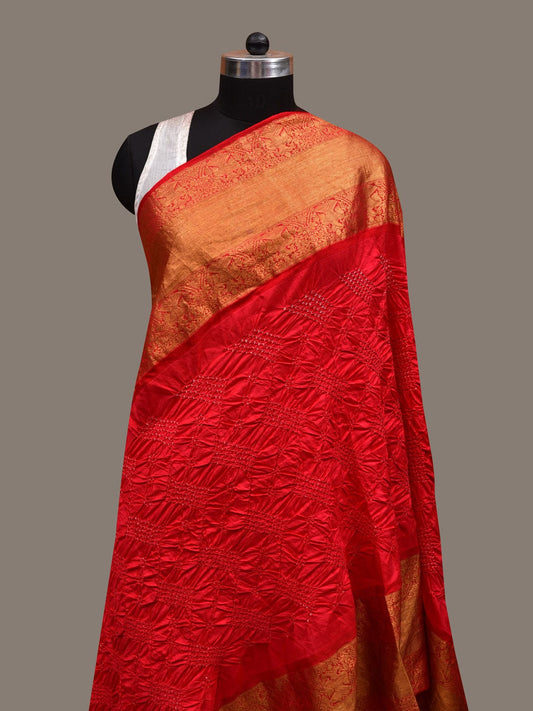 Red Bandhani Kanchipuram Silk Handloom Dupatta with Border Design - Global Threads | Swadesiicart