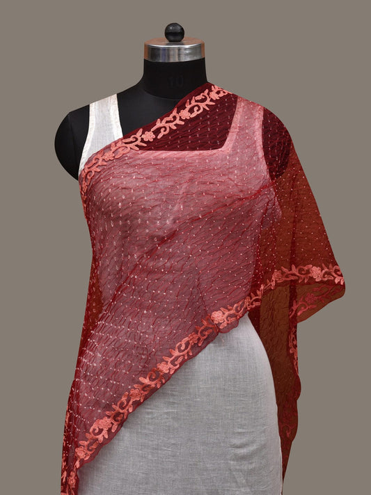 Red Bandhani Organza Stole with Embroidary Work Design - Global Threads | Swadesiicart
